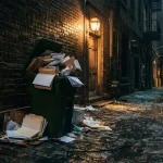 Recycling bin spilling folders into a rainy alley, illustrating the 1WIN review