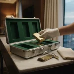 Courier case with one gold ingot in three slots in a hotel suite, reflecting the 21.com review