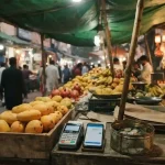 Card terminal and phone on a crate of mangoes at a market stall, illustrating the 888Starz review