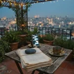Phone with chat bubbles beside a bundle of document copies on a rooftop table, reflecting the 96 Casino review