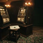 Two slot machines facing each other over a wax-sealed envelope, showing the Acebet review