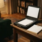 Scanner, document copies and a laptop chat on a side table, echoing Betandplay