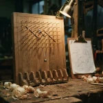 Wooden peg board with a falling steel ball in a workshop, illustrating the BetFury review on provably fair originals and account disputes