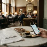 Phone with a chat thread and a sleeve of copied documents in a coffeehouse, illustrating the BetMatch review