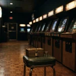 Padlocked cash box in front of retro arcade cabinets, for the BitKingz review on its arcade style and weekly withdrawal cap