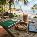 Phone, mixed coins and a document folder on a seaside café table, illustrating the Booi Casino review