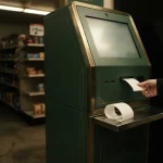 Hand taking a receipt from a crypto kiosk in a late-night shop, illustrating the CasCrypto review