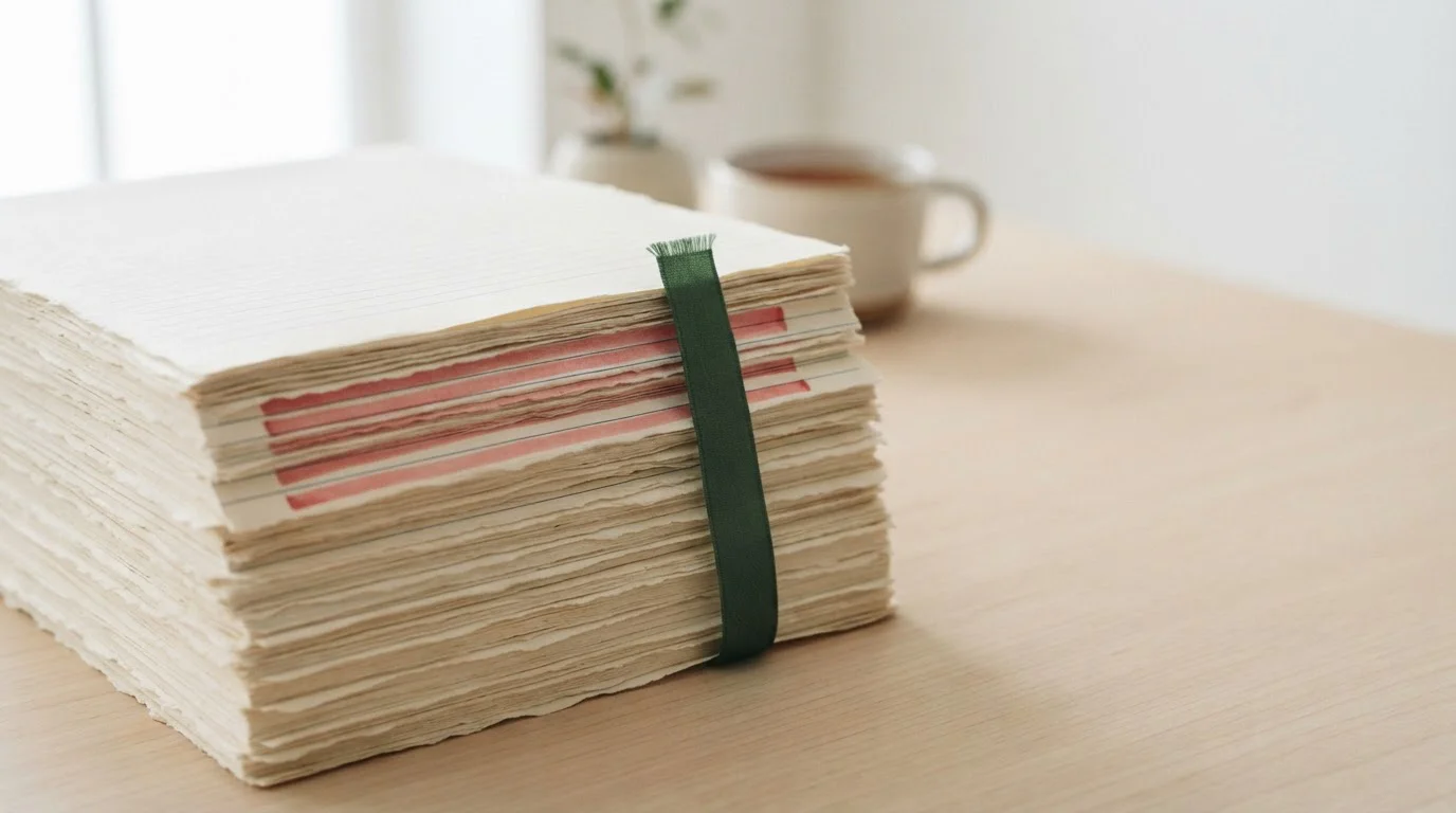 Abstract stack of ruled paper pages with a few lines highlighted in muted red beside a green bookmark