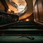 Spiral staircase with green carpet in a members
