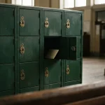 Open station locker holding one slim envelope among dusty doors, illustrating the Casinostars review