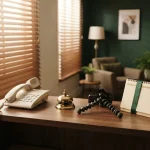 Desk phone, service bell and a ribboned weekend on a calendar, illustrating the Cat Casino review