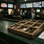 Coin tray with eleven compartments on a betting-shop counter, showing the Catwin review