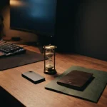 Hardware wallet, hourglass and face-down passport on an esports desk, illustrating the CHEXX review