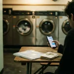 Phone with a chat thread and a folder of documents in a late-night laundromat, illustrating the Coolzino review