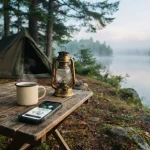 Phone with a payout confirmation on a lakeside camp table, illustrating the Crocoslots review