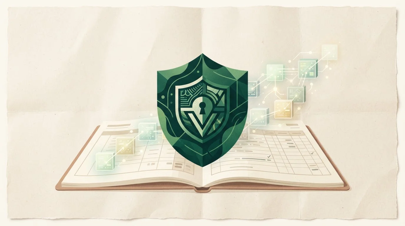 Abstract deep green shield over an open ledger with a chain of linked blocks, in calm paper tones