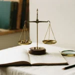 Brass balance scale over a ledger with a magnifier, reflecting the Crypto-Games review