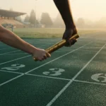 Relay baton passed between two hands at sunrise, illustrating the CryptoCasino.com review