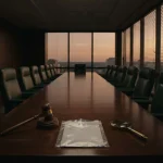 Gavel and sealed envelope in an empty boardroom, reflecting the Cybet review