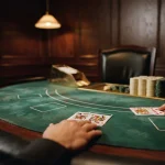 Two blackjack hands on green felt in a private salon, illustrating the Duel review