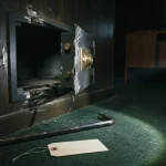 Forced-open wall safe with a crowbar on the floor, illustrating the Duelbits review