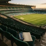 Phone with a coin list on an empty stadium seat at dusk, echoing FairPari