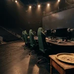 Empty esports arena stage with a brass tray of plain coins, illustrating the Gamdom review