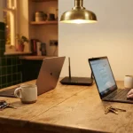 Two laptops sharing one home router on a kitchen table, illustrating the GoldBet review