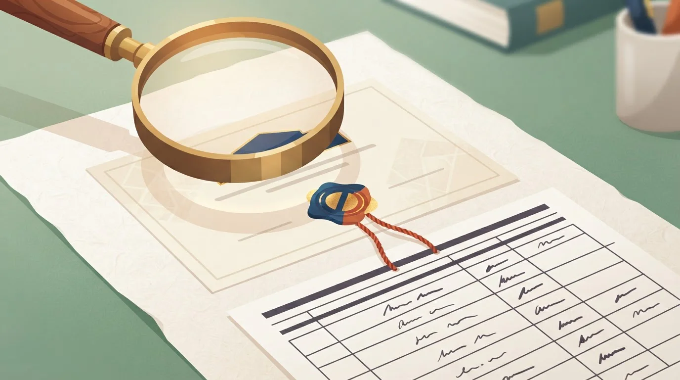 Magnifying lens over an abstract certificate with a wax-seal shape, linked to a register of ruled lines
