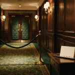 Velvet rope before a private-room door and a blank invitation card, illustrating the Immerion review