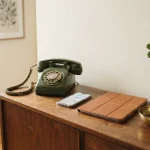 Rotary phone beside a smartphone chat and tablet on a hall console, reflecting Jet Casino