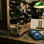 Brass telegraph key beside a phone with chat bubbles, illustrating the JetTon review on messenger-app payments and held balances