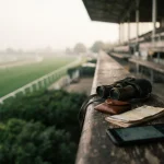 Binoculars and coin purse on a racecourse rail, illustrating the Leon Bet review