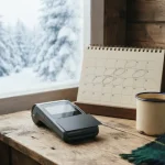 Card terminal and a pencil-marked weekly calendar in a snowy cabin, for the Loonieplay Casino review on Interac and weekly payout caps