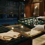 Gloved hands lifting a tray of stones from a display case, reflecting the LuckyGem Casino review on high-roller play and account closures