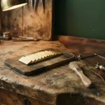 Unmarked gold bar cut into ten thin slices on a jeweller