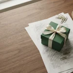 Gift box resting on pencil-marked terms, illustrating the Merlin Casino review