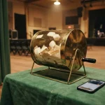 Brass raffle drum of blank tickets beside a phone and key, reflecting the MetaWin review