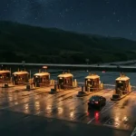 Seven lit toll booths at night with one car waiting, reflecting the MilkyWay review on its multi-network cashier and withdrawal fee rules