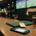 Phone with a bet slip beside a tagged document folder in a sports bar, showing the MostBet review