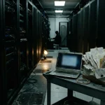 Dark server aisle with a cart of complaint letters, illustrating the MyStake review