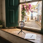 Phone on a ring-light tripod and a folder of statements on a window sill, illustrating the Olympia review