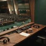 Interpreter booth with headsets and microphones, illustrating the Oscar Spin review