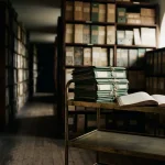Archive aisle of box files and a trolley of document requests, illustrating the Play Fortuna review