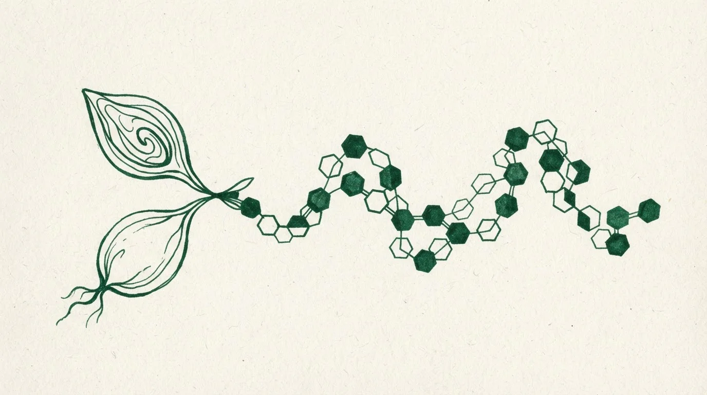 Two abstract seed shapes feeding a chain of linked hexagonal blocks, drawn in deep green ink on paper