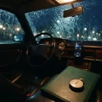 Phone on a car dashboard on a rainy night beside a document folder, echoing the Rainbet review