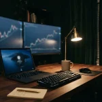Greyed-out laptop before chart monitors, reflecting the Rollbit review