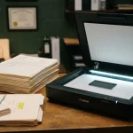 Scanner copying a bank card beside stacks of scans, illustrating the Rox Casino review