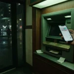 Hand with a phone at a cash machine on a rainy night, reflecting the SpinBetter review