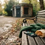 Phone with a messenger mini-app on a park bench by a shuttered bank, reflecting the TonPlay review